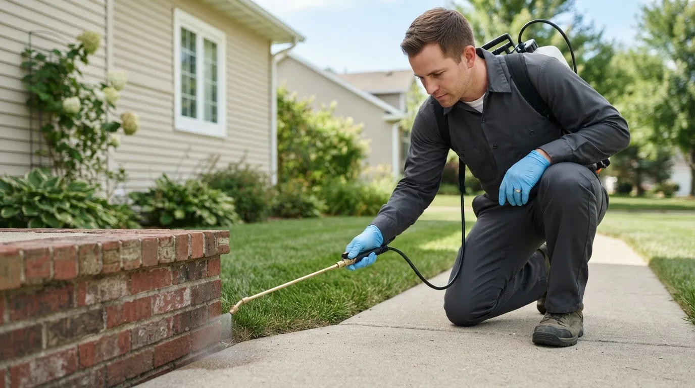 Pest control technician treating a home near Lyles, TN